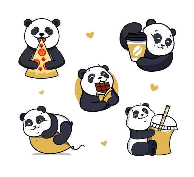 The set of pandas hugging food is good for hug day, stickers. The logo animals is love pizza, balloon, chocolate, cocktail, coffee is good for holiday designs. The vector illustration