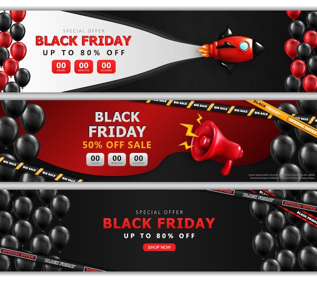 Set of panoramic banners with sale countdown shop now button Black Friday headers with special offer