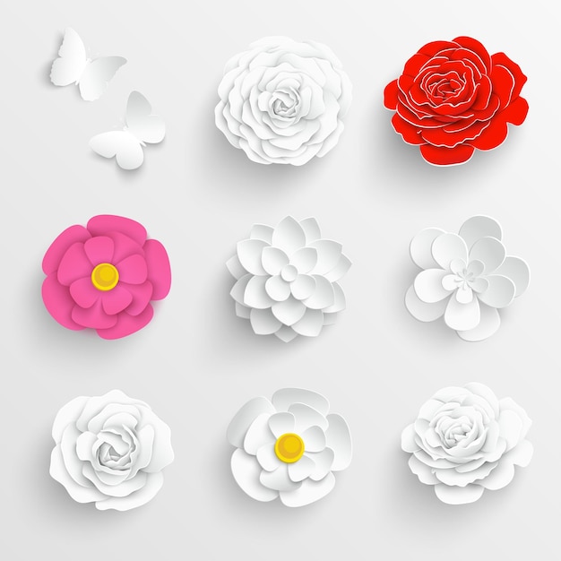 Set of paper flowers White and red roses lotuses chamomile butterflies cut out of paper