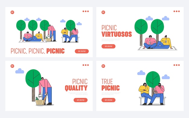 Set of park picnics landing pages for website. People having rest on fresh air