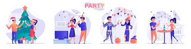 Set party flat design concept illustration of people characters