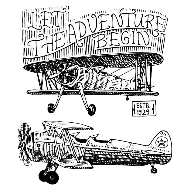 Set of passenger airplanes corncob or plane aviation travel illustration engraved hand drawn in old sketch style vintage transport