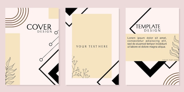 set of pastel white cover templates. abstract geometric background with hand drawn floral elements