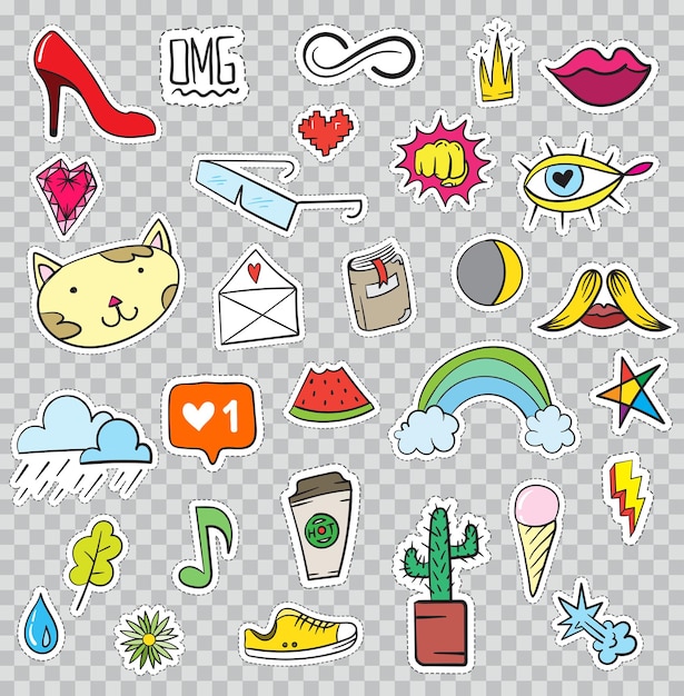 Set of Patches Elements like Flower, Heart, Crown, Cloud, Lips, Mail, Diamond, Eyes. Hand Drawn Vector. Cute Fashionable Stickers Collection. Doodle Pop art Sketch Badges and Pins.