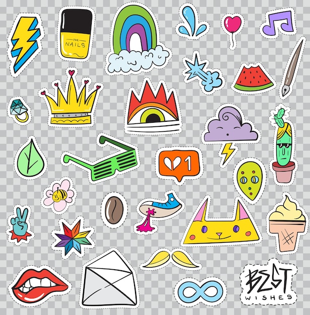 Set of Patches Elements like Flower, Heart, Crown, Cloud, Lips, Mail, Diamond, Eyes. Hand Drawn Vector. Cute Fashionable Stickers Collection. Doodle Pop art Sketch Badges and Pins.