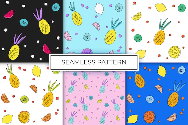 Set pattern seamless fruit exotic stains lines modern bright design print background