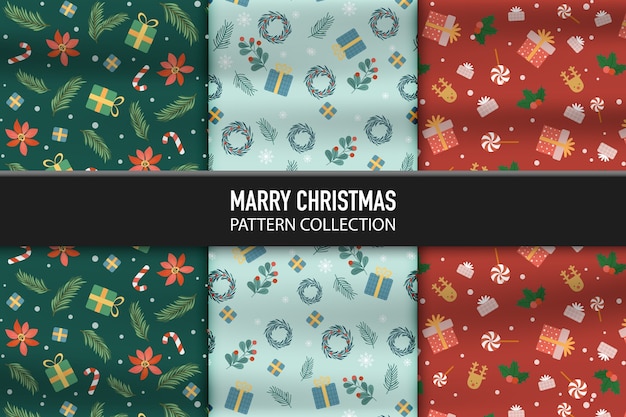 Set of pattern with present box and decorations icons of Happy New Year and Christmas Day