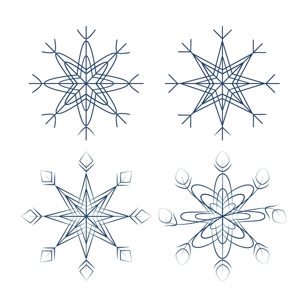 Set of patterned snowflakes in trendy dark blue design elements for christmas or new year greeting