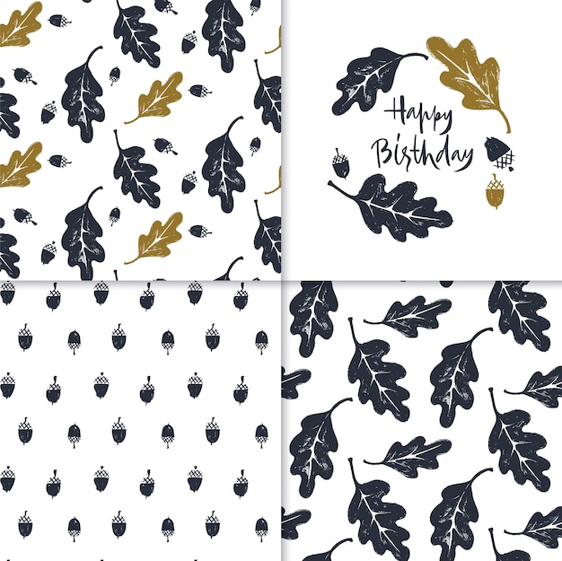 Set of patterns and Happy Birthday card with oak leafs and acorns.