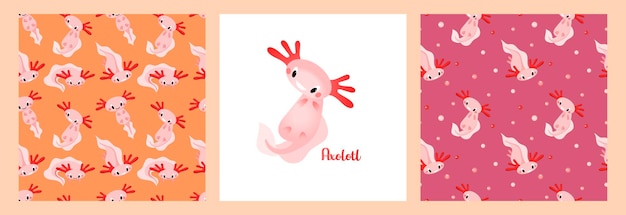 A set of patterns and posters with cute cartoon axolotls aquatic animals amphibians