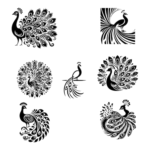 set of peacock silhouette design black and white