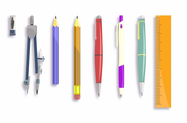 Set of pens compass and pensils isolated on a white background