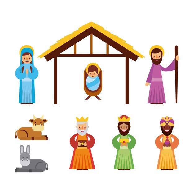 Set of people animal manger christmas holiday