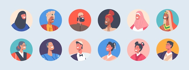 Set of People Avatars Isolated Round Icons Male and Female Characters of Different Religion and Ethnicity Portraits