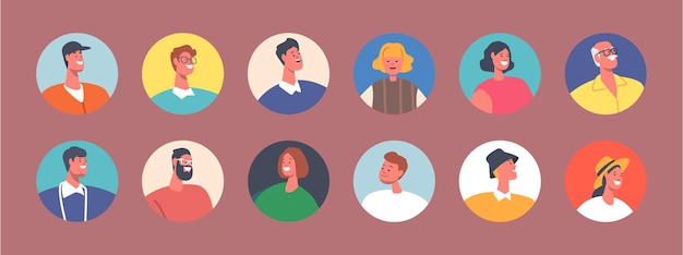 Set of People Avatars Isolated Round Icons Male or Female Characters with Different Appearance Social Status and Ages