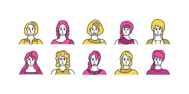 Set of People Avatars with Minimal Cartoon Style and Various Expressions Women Character Collection