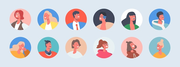 Set of People Avatars, Young and Mature Men or Women Portraits for Social Media and Web Design. Male and Female Characters with Different Appearance. Cartoon Vector Illustration, Isolated Round Icons.