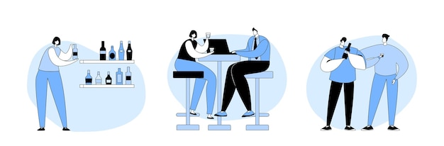 Set People in Bar Recreation Concept Characters Visit Pub Couple Sit at High Chairs Drinking Alcohol on Counter Desk Businessman Work on Laptop Barman and Friends Linear Flat Vector Illustration