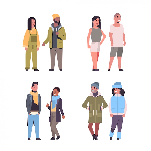 Vector set of people in casual clothes standing, pose mix race guys and girls pairs wearing seasonal clothes flat full length