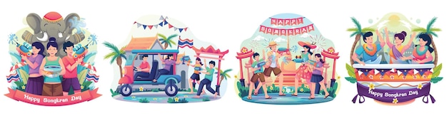 Set of People celebrates the Songkran festival Thailand Traditional New Year's Day Illustration