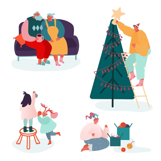 Set of People Characters celebrating Merry Christmas Season and Winter New Year. Family Parents and Children decorating Xmas tree, sing carols, packing presents at fireplace scene. 