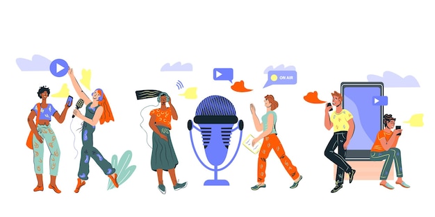 Set of people characters with microphone and other equipment for broadcasting in social media