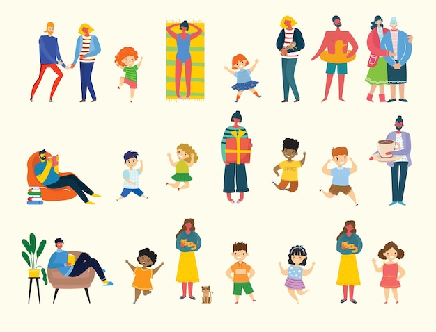 Set of people, children, men and women with different signs. Vector graphic objects for collages and illustrations. Modern colorful flat style.