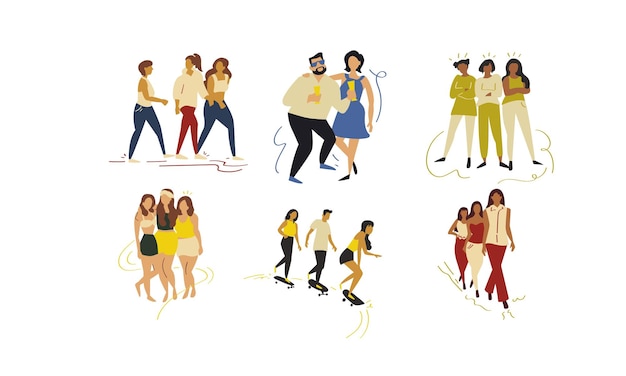 Set of people in different poses and situations Flat vector illustration