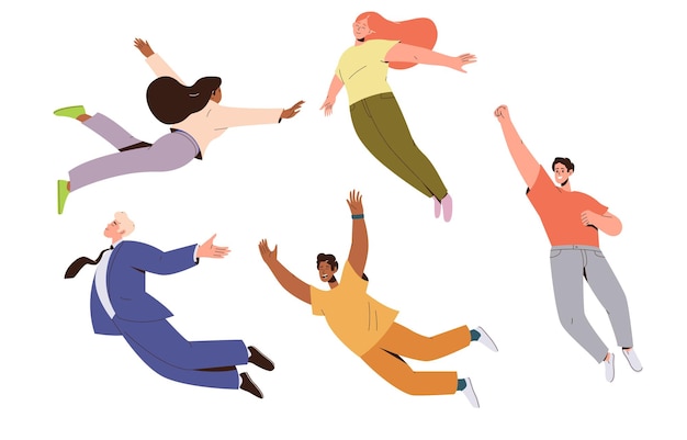 Vector set of people flying floating or levitating in air feeling happy and free vector illustration