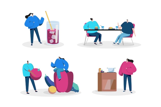 Set of people having drinks foods cooking and eating in flat design