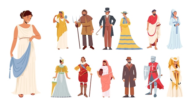 Set of People in Historical Costumes Male and Female Characters Wear Ancient Greek Victorian Era Middle Ages