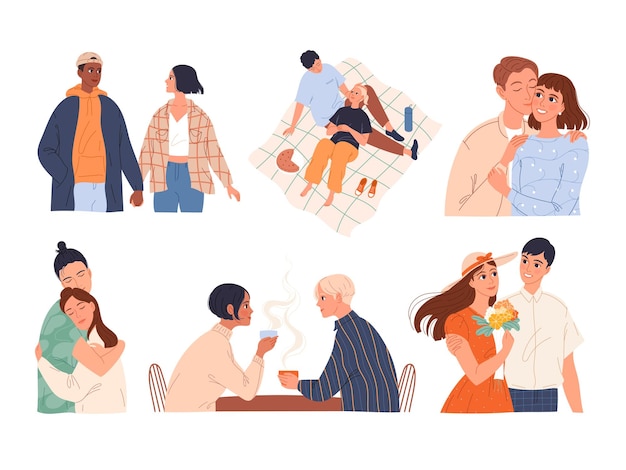 Set of people in love in various dating situations