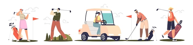 Set of people playing golf, riding electric car, holding golf clubs and hitting balls. Professional sport, activity and equipment concept. Cartoon flat vector illustration