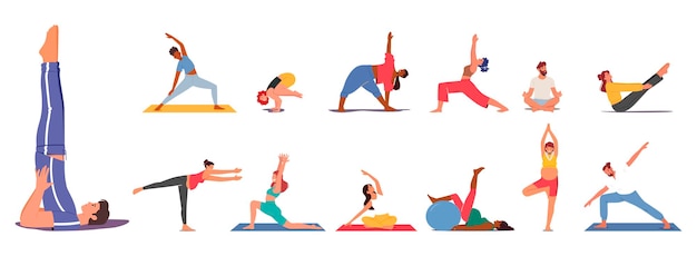 Set of People Practice Yoga Exercises Male and Female Characters Pregnant Women Young Man Doing Asana