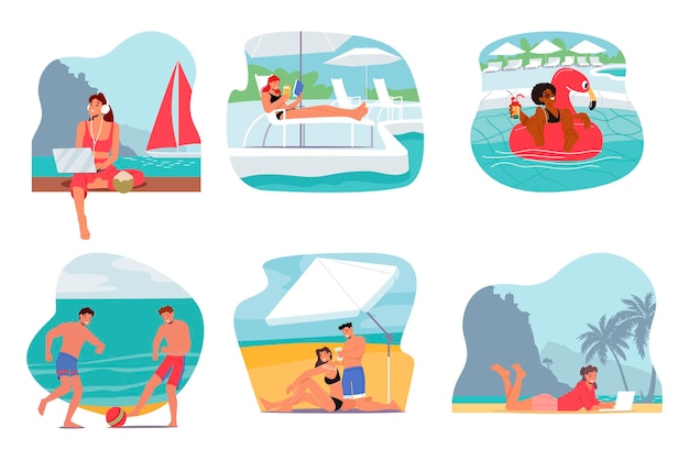 Vector set of people relax on beach resort relaxed male and female characters work on laptop tanning on yacht