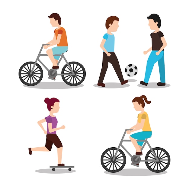 Vector set people rider bicycle playing ball and skater scene