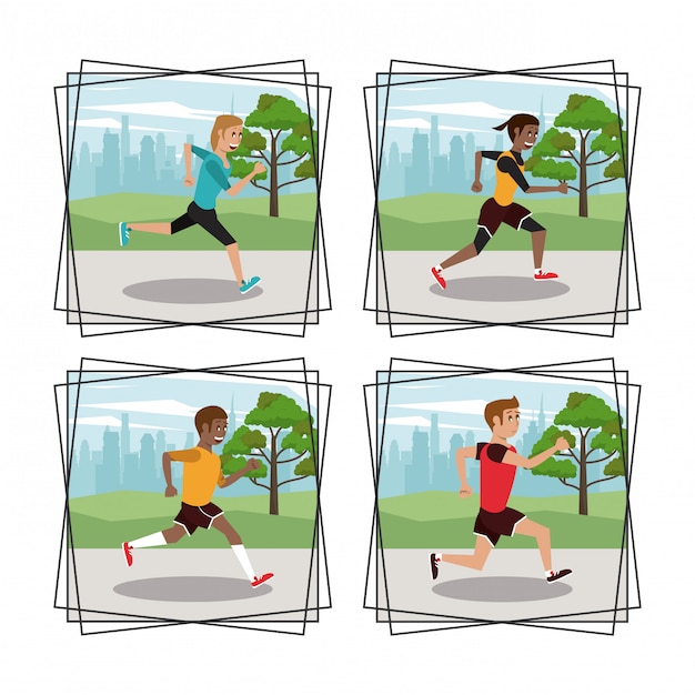 Set of people running round icons