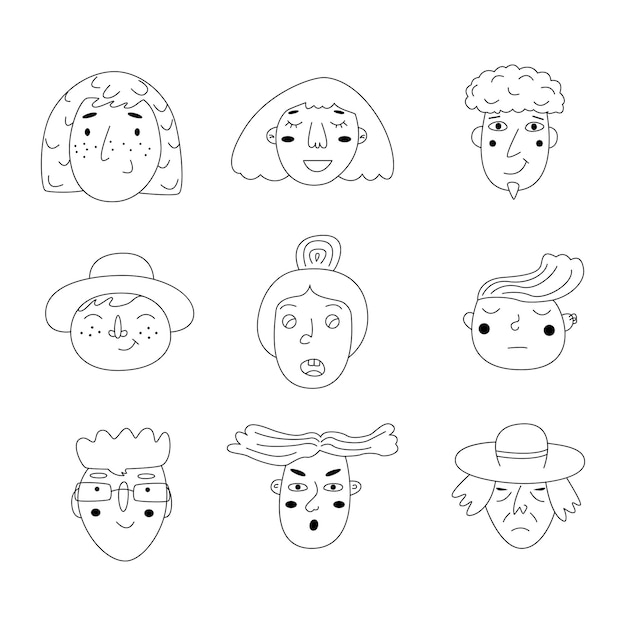 A set of people's faces in the style of duddle Handdrawn outline vector illustration