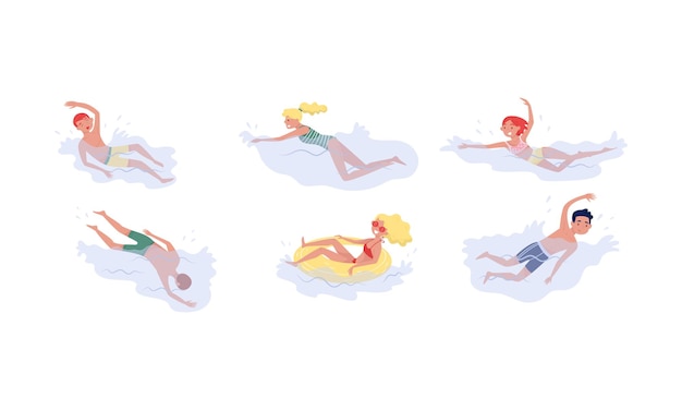 Set of people swimming in the sea and having fun vector illustration