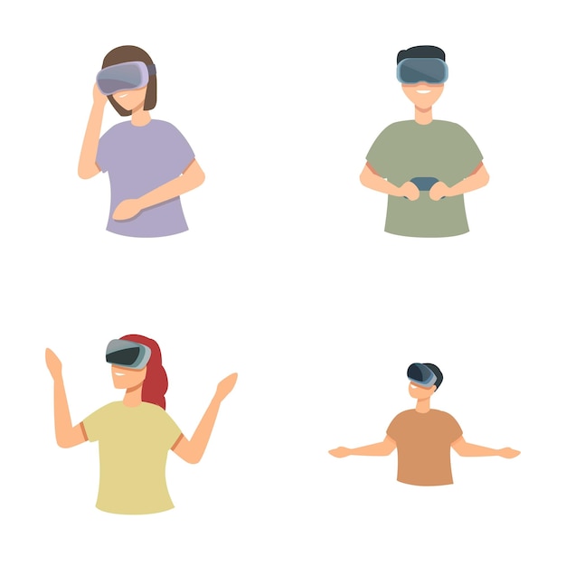 Vector set of people wearing virtual reality headsets