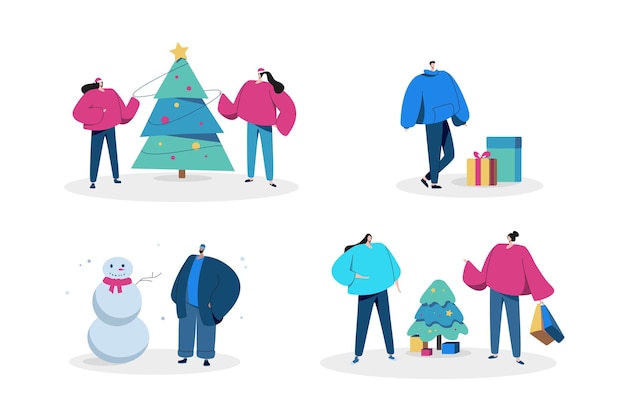 Set of people with Christmas tree and gifts in flat design