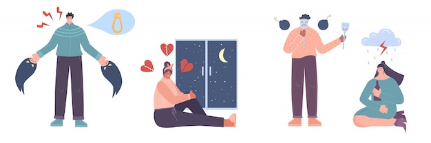 Set of people with depression.  illustration.