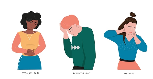 A set of people with different pains. Abdominal pain, neck pain and headache.