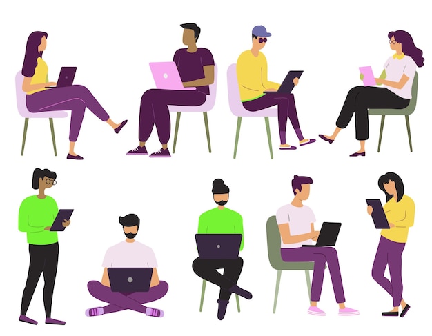 Vector set of people with laptops diverse men and women at work business communication flat illustration