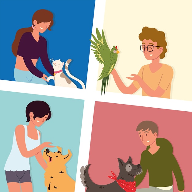 Set of people with pets