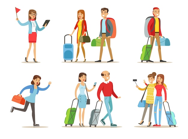 Set of people with travel bags Tourist guide with red flag in hand couples with luggage girlfriends making selfie running fast woman with handbag Vacation theme Isolated flat vector illustration