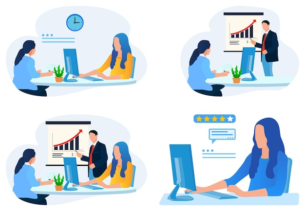 Set of people working together on project. Lady sitting and teamwork for company success flat vector