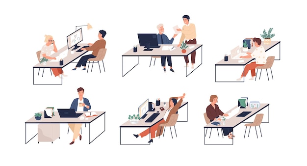 Set of people working with laptops and computers at modern office desks. Male and female employees at workplaces. Colored flat vector illustration of busy men and women isolated on white background.