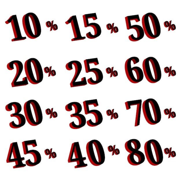 Set of percentage discounts in black and red tones