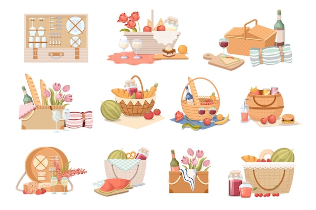 Set Picnic Baskets and Hampers with Food, Items for Outdoor Summer Recreation. Traditional Wicker Boxes with Fruits, Vegetable, Wine and Milk Drinks, Bakery and Flowers. Cartoon Vector Illustration